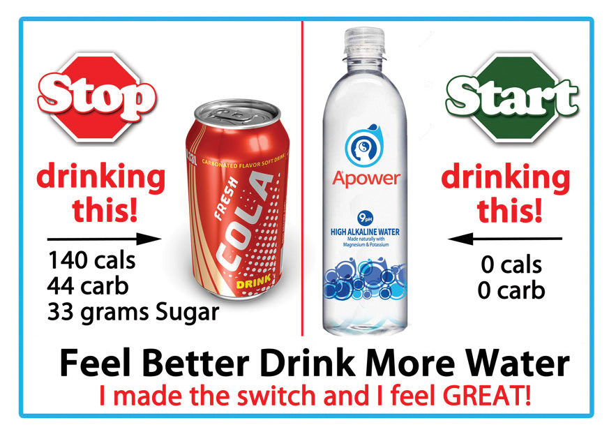 A graphic promoting "Drink Water Not Soda" with a bottle of purified water from Nevada Crystal Premium’s local water delivery service.