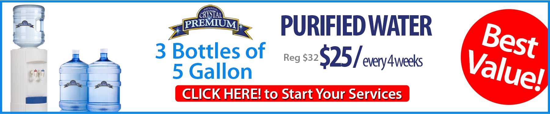 Purified Water Purified water provided by our local water delivery service in Las Vegas.