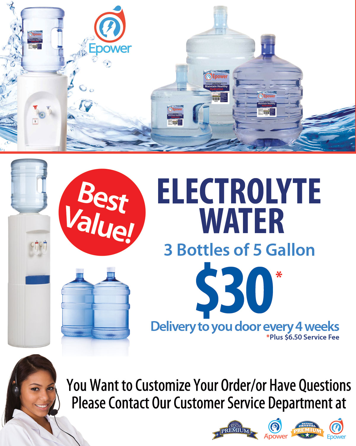 A bottle of electrolyte water highlighting Nevada Crystal Premium’s current offer for their bottled water delivery service.