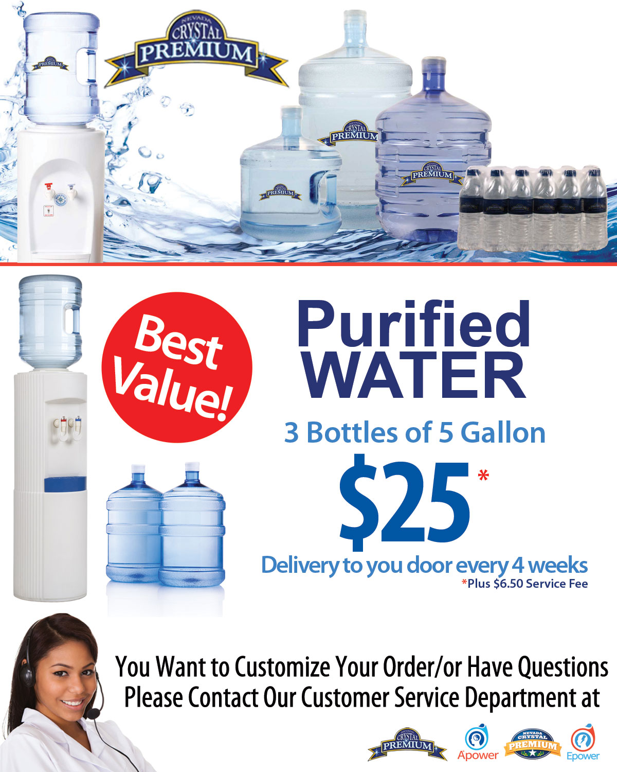 A bottle of purified water highlighting Nevada Crystal Premium’s current offer for their bottled water delivery service.