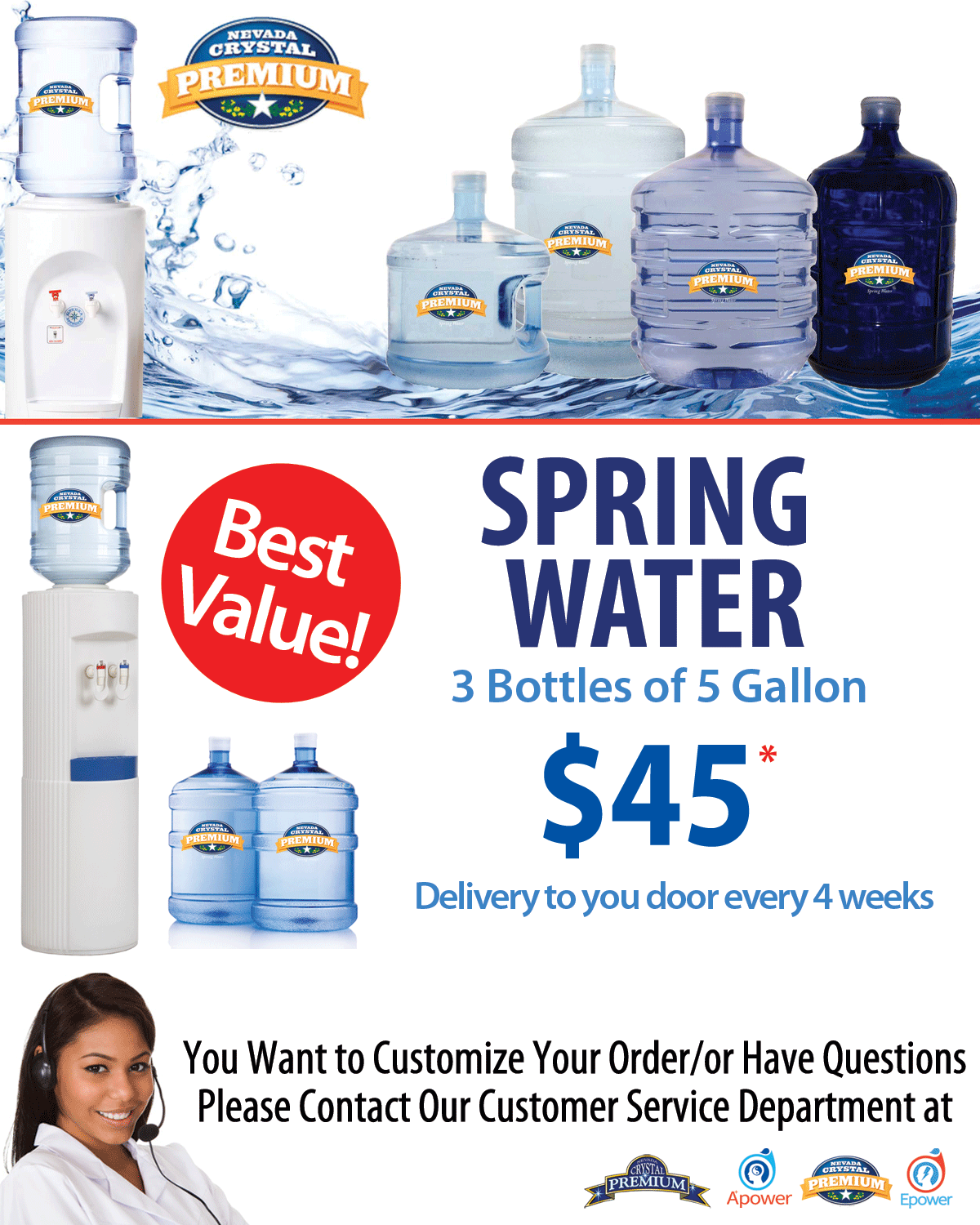 A bottle of spring water showcasing Nevada Crystal Premium’s current offer for their spring water delivery service.