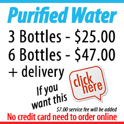 test-silde Ad for purified water: 3 bottles for $25, 6 bottles for $47 plus delivery. $7 service fee. No credit card needed to order online. "Click here" button is shown.
