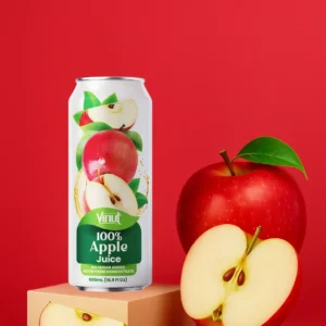 A can of 100% apple juice is displayed next to a whole red apple and two apple slices on a red background.
