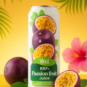 A can of Vinut 100% Passion Fruit Juice is displayed with fresh passion fruits, a pink hibiscus flower, and green leaves against a yellow background.