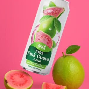 A can of Vimut 100% Pink Guava Juice is shown with whole and sliced pink guavas on a pink background.