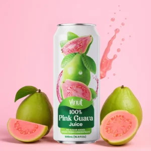 A can of Vinut 100% Pink Guava Juice is displayed with whole and sliced pink guavas on a pink background, with juice splash effects beside the can.