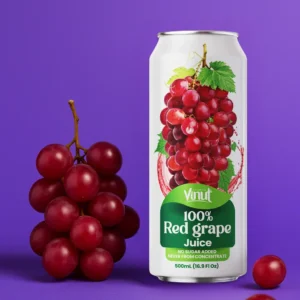 A can of Vinut 100% red grape juice is placed next to a bunch of red grapes and two loose grapes on a purple background.