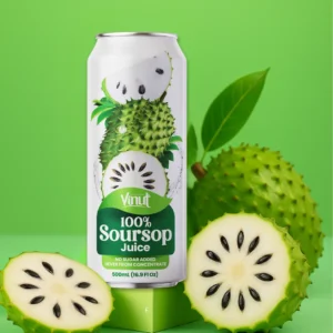 A can of Vinut 100% Soursop Juice is displayed with whole and sliced soursop fruit against a green background.
