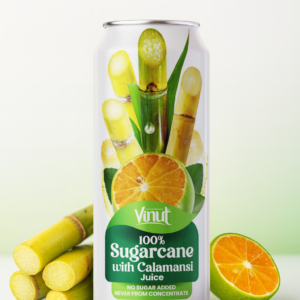 A can of Vinut 100% Sugarcane with Calamansi Juice is shown with sugarcane stalks and a halved calamansi fruit beside it. The can is 500ml and labeled "no sugar added.