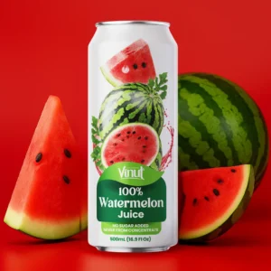 A can of Vinut 100% Watermelon Juice stands on a red surface, surrounded by a whole watermelon and watermelon slices.