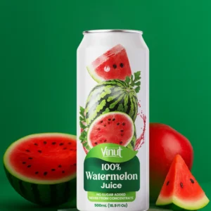 A can of Vinut 100% Watermelon Juice is displayed with fresh watermelon slices and a whole watermelon against a green background.