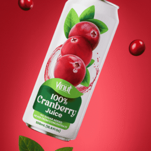 A can of Vinut 100% Cranberry Juice with cranberries and leaves against a red background. The label states “No sugar added, never from concentrate, 500ml (16.91 fl oz).”.