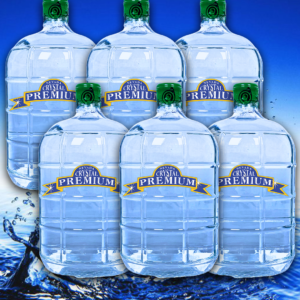 Six large clear water jugs labeled "Premium," featuring a 3 Gallon Glass Bottle Plan, are arranged in two rows against a blue background with splashing spring water at the bottom.
